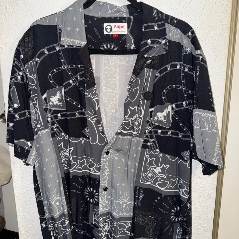 Bape Black and Gray Graphic Button Down Shirt